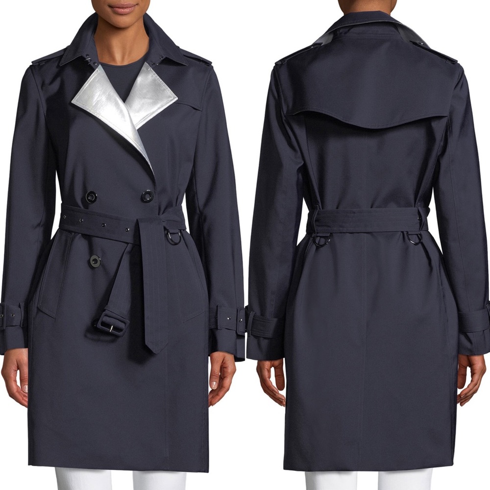 Elie Tahari Natania Contrast-Face Double-Breasted Trench Coat Jacket Blue NEW